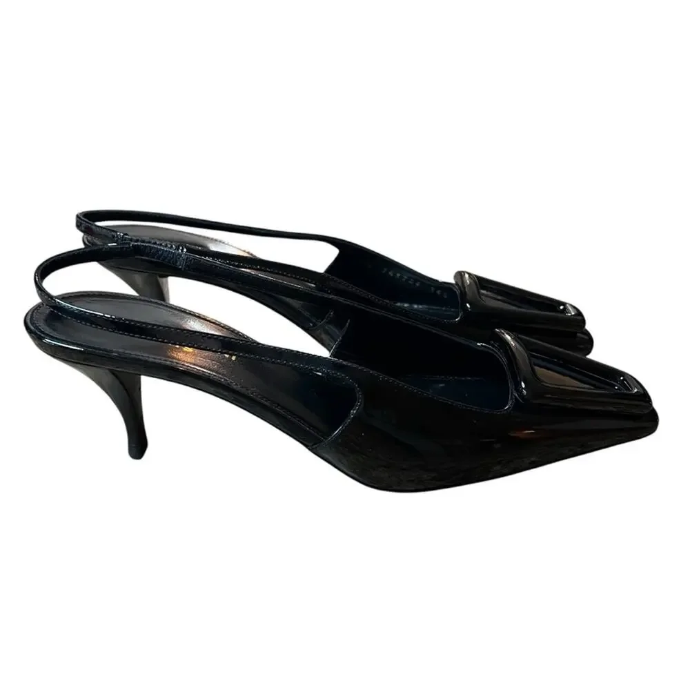 Saint Laurent Tom Slingback Pump 60 Black Patent Leather Kitten NEW EU 36 US 6 - Picture 9 of 14
